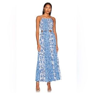 AMUR Holland Tie Pleated Dress in Mykonos Blue Porcelain